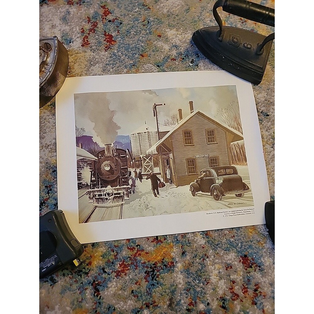 Print Of Arch McDonnell Painting Bradford NH Railroad Station Train, 1976 Winter